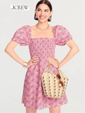 J. Crew Puff Sleeve Smocked Mini Dress in Dandelion Swirl XS Floral White Pink